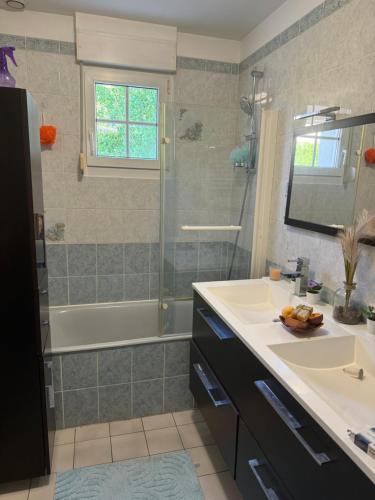 une salle de bain avec une baignoire, un lavabo et une douche dans l'établissement villa grand standing pour- Basse Normandie - calme dans un cadre verdoyant, à Aubusson