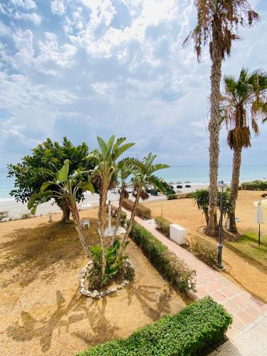 a pathway with palm trees on the beach at First Line Torrox Costa in Torrox Costa