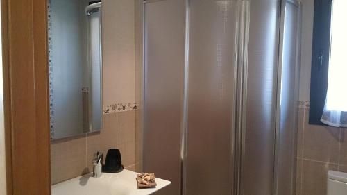 a bathroom with a shower and a white sink at Casa El Mirador de Nicolas in La Puebla de Castro