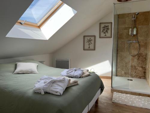 a bedroom with a bed and a glass shower at Logement entier suite balnéo privée in Vierzon