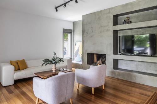 a living room with a couch and chairs and a fireplace at Private pool Villa in Athens