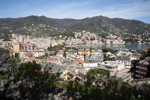 een stad met gebouwen en een rivier en bergen bij Eurotel 405 in Rapallo