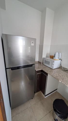 a kitchen with a stainless steel refrigerator and a microwave at DptosAlem555 in Santa Rosa