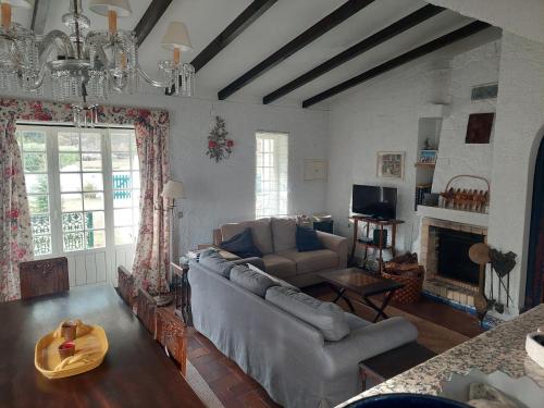 a living room with a couch and a fireplace at Casa dos Pinheiros in Casal do Narcizo