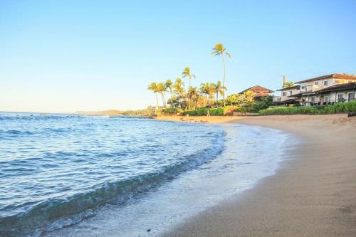 a beach with palm trees and houses and the ocean at Prince Kuhio 110 in Koloa