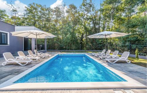 a swimming pool with lounge chairs and umbrellas at Cozy Apartment In Nedescina in Nedeščina