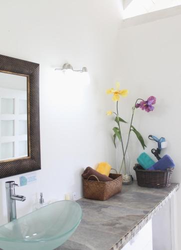 a bathroom counter with a sink and a mirror at Casa de las Flores tropical in San Andrés