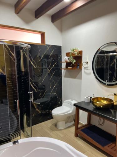 a bathroom with a sink and a toilet and a mirror at Casa Iris Hotel Boutique in Barichara