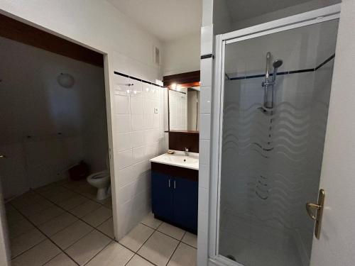 une salle de bain avec une douche, un lavabo et des toilettes dans l'établissement Studio à 200m des thermes avec piscine, parking et WiFi - FR-1-541-112, à La Roche-Posay