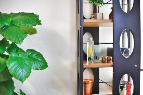 a room with a shelf with a plant at アキラ商事 in Tokyo
