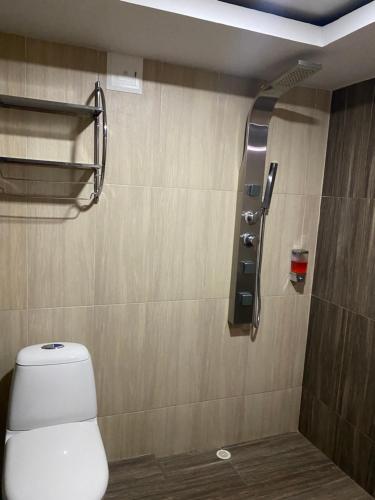 a bathroom with a toilet and a shower at Hotel deluxe oasis de la colina boutique in Girardot