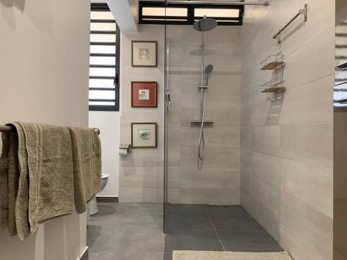 a bathroom with a shower with a glass door at Villa Zélie, avec piscine et proche du lagon in La Saline Les hauts 
