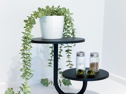 a black shelf with a plant and a vase on it at Saboten in Sesoko