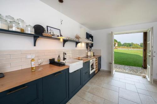 a kitchen with blue cabinets and a sink at Apartmány Pernek in Horní Planá
