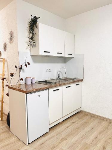 a kitchen with white cabinets and a sink at EFESA Apartments in Visoko