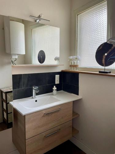a bathroom with a sink and a mirror at La Villa Louana 3 Appartement 60m2 ,élégance et indépendance cœur de ville in Aubusson