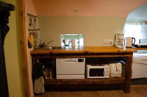 a kitchen with a counter with a sink and a microwave at Romantický statek - roubenka in Klenovice