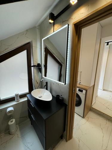 a bathroom with a sink and a mirror at Iasi Ultra Central Apartment Self Check-In in Iaşi