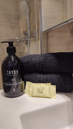 une bouteille de savon posée sur un lavabo de salle de bain dans l'établissement Studio rénové, vue dégagée et arborée, 700m plage, à Cannes