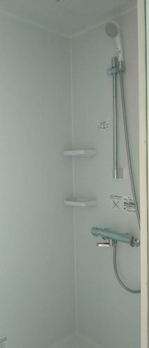a white bathroom with a shower and a sink at 栗山さん家のアロハミエント in Shirahama