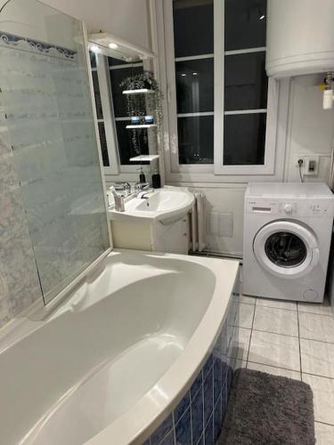 La salle de bains est pourvue d'une baignoire, d'un lavabo et d'un lave-linge. dans l'établissement Appartement Traversant avec vue exceptionnelle, à Saint-Étienne