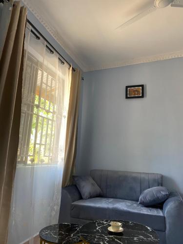 a living room with a blue couch and a table at COMFORT HAVEN Studio in Ilemera