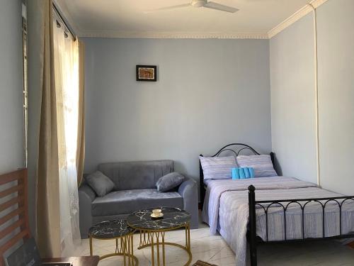 a bedroom with a bed and a couch and a table at COMFORT HAVEN Studio in Ilemera