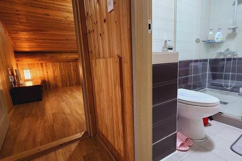a bathroom with a toilet and a shower at Gurye Tongnamu Pension in Gurye