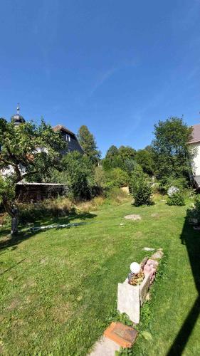 a yard with a grassy yard with a house at Ferienhaus zum Rossbach in Biberschlag