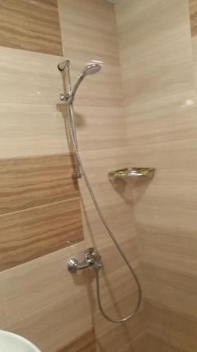 a shower with a hose attached to a wall at Complex Diva in Srebŭrna