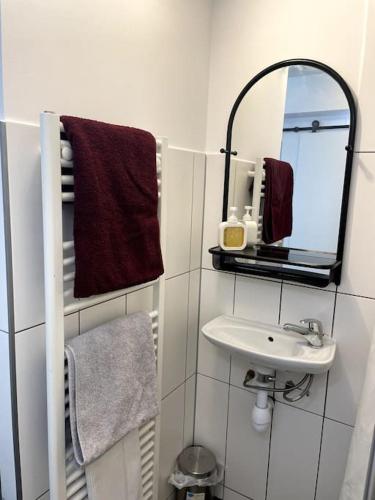 une petite salle de bain avec un lavabo et un miroir dans l'établissement Studio de 25m carré refait à neuf, proche tram B et fac, à Pessac