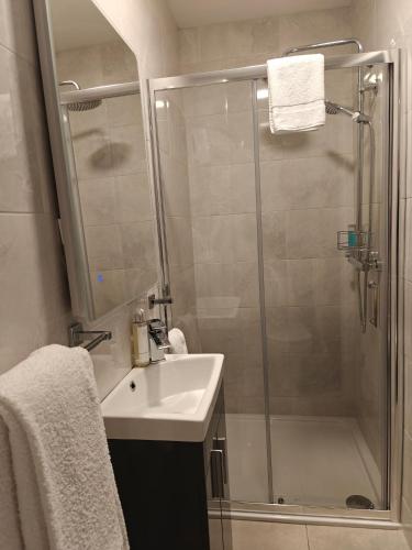a bathroom with a shower and a sink and a shower at Michael A's Pub in Miltown Malbay