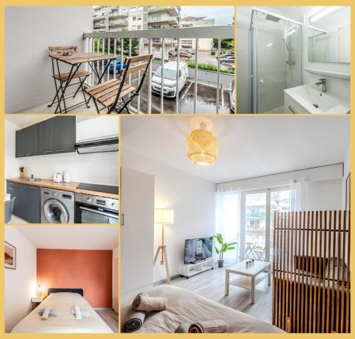 un collage de photos d'une cuisine et d'un salon dans l'établissement Chez Hugo I Studio I Annemasse, à Ville-la-Grand