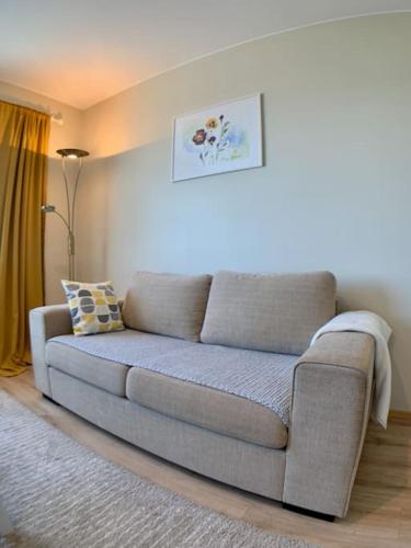 a gray couch in a living room with a lamp at Kaupunkikoti Apartments 2-room B32 in Kemi