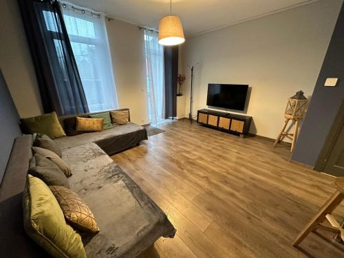 a living room with a couch and a flat screen tv at LFA - 167 - Agréable maison de village in Seraing