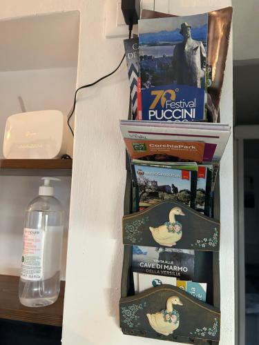 a stack of books on a shelf with a bottle of water at Massaciuccoli Romana in Massaciuccoli
