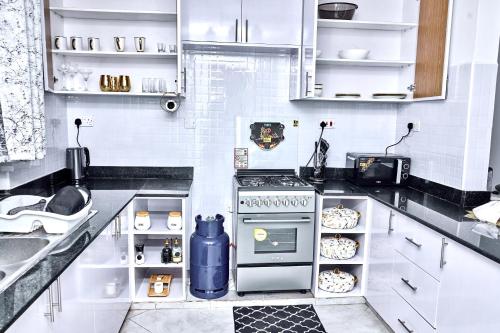 a white kitchen with a stove and a sink at The O Apartment in Ongata Rongai 