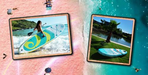 two pictures of a woman on a surfboard on a beach at 栗山さん家のアロハミエント in Shirahama