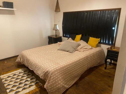 - une chambre avec un lit doté d'une tête de lit noire et d'oreillers jaunes dans l'établissement Appart sympa vintage centre ville 90m2, à Pau