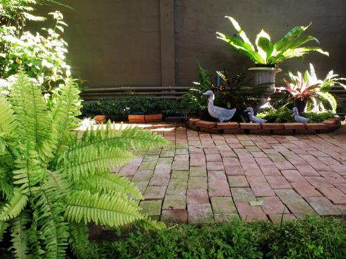 a garden with birds and plants on a brick patio at The White Elephant Home in Chiang Mai