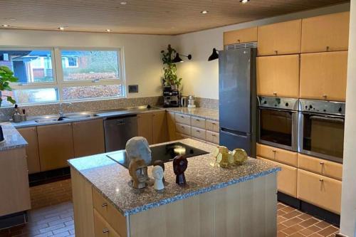 a kitchen with a island with a counter top at Rækkehus tæt på skov, sø og by in Viborg