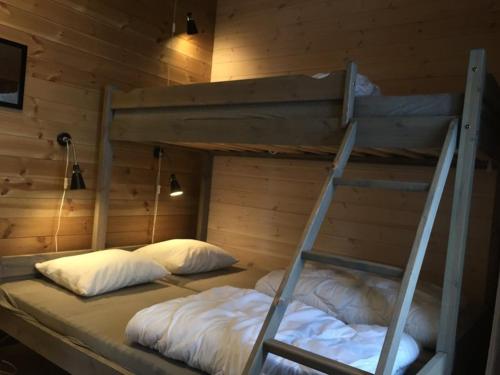 two bunk beds in a wooden walled room at Hafjell Grenda lejligheder og hytter in Hafjell