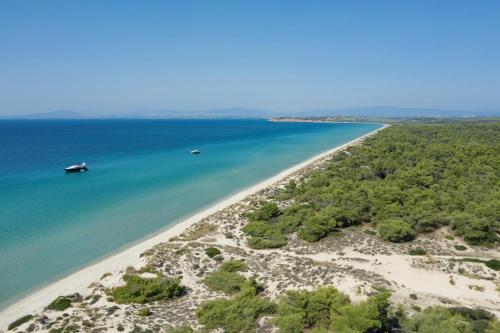 an aerial view of a beach with a boat in the water at Sani Beach in Sani Beach