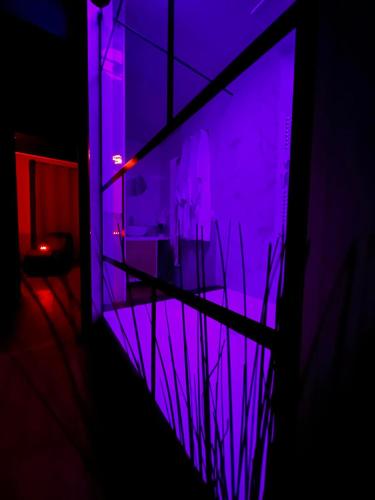 a dark room with purple lights on a window at Loveroom Gîte de charme L'Amour en Brenne in Le Blanc
