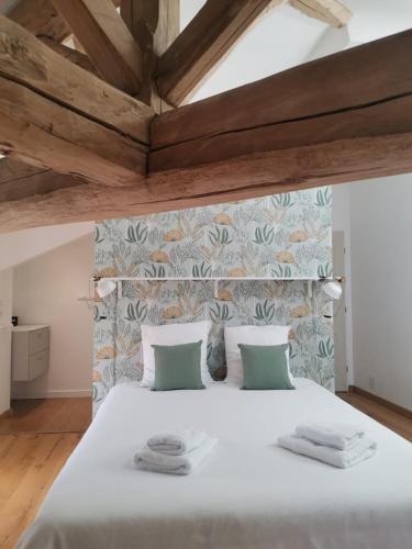 une chambre avec un grand lit blanc avec deux oreillers dans l'établissement La Canolière - Chambre d'hôtes Olivia, à Sauveterre-Saint-Denis