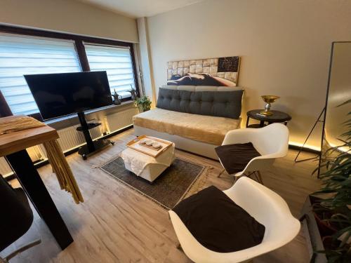 a living room with a bed and a flat screen tv at Budahome im Schwarzwald in Neuenbürg