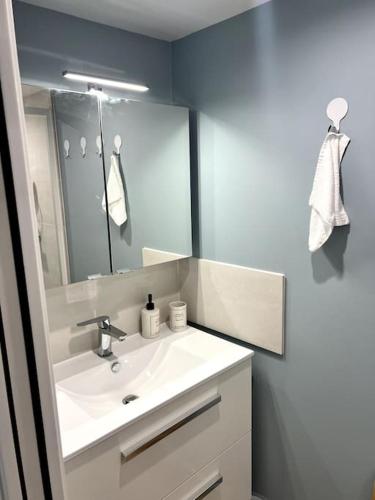 une salle de bain avec un lavabo blanc et un miroir dans l'établissement Appart cosy, calme proche centre, à Caen