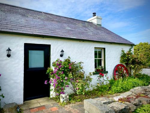 a white house with a black door and flowers at Dunnaglea Cottage, Ballintoy in Ballintoy