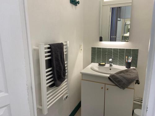 une salle de bain avec un lavabo et un miroir dans l'établissement Idéalement placé, proche gare et plage du Sillon, à Saint-Malo