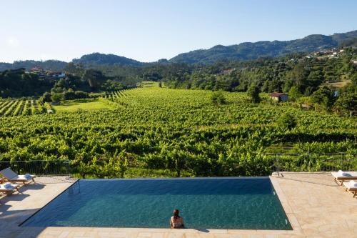 a woman sitting in a swimming pool next to a vineyard at Quinta de Cypriano - Wine & Nature in Ponte da Barca